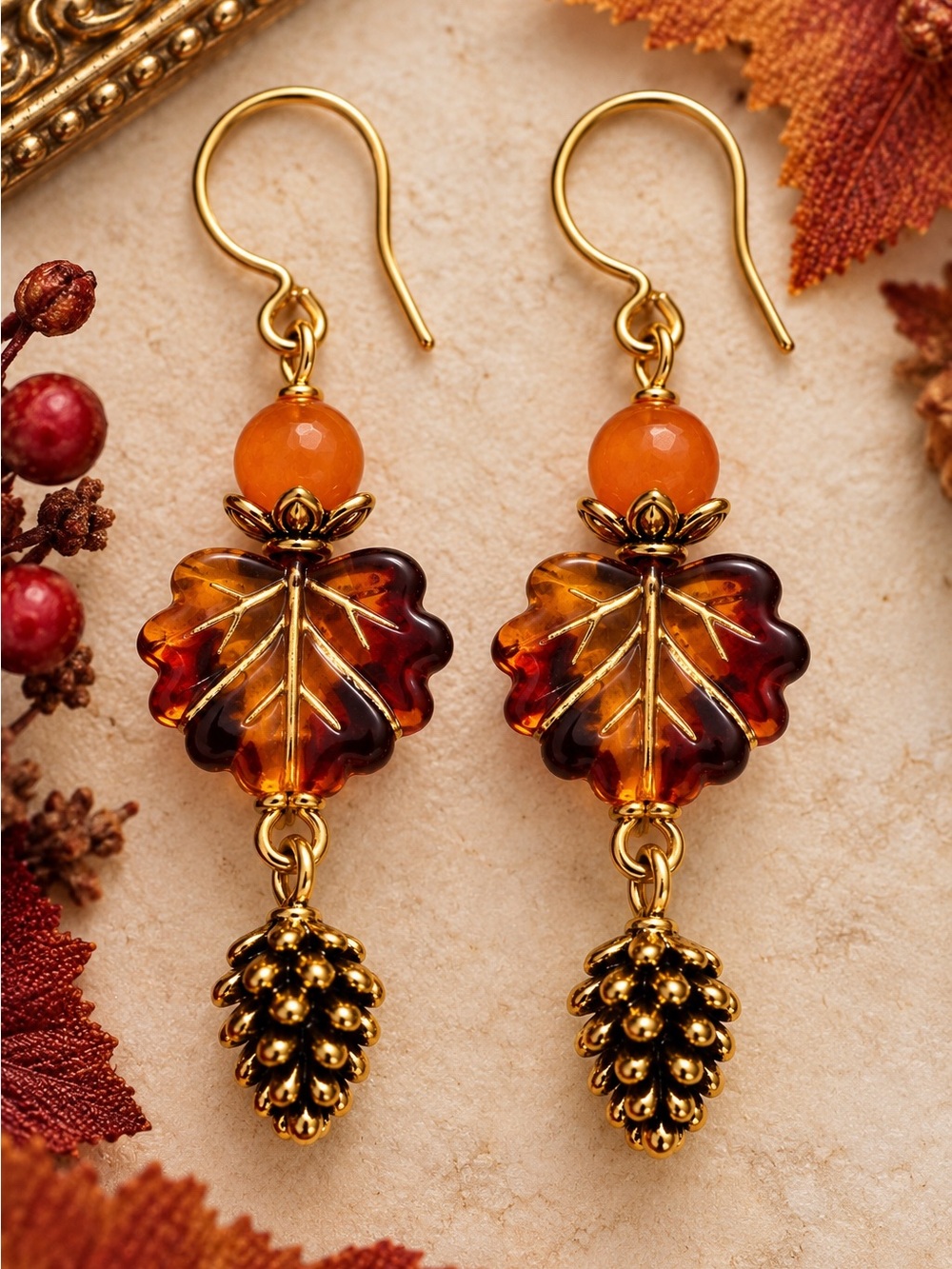 Amber Leaf Gold Fall Earrings, Pinecone Dangles, Autumn Jewelry